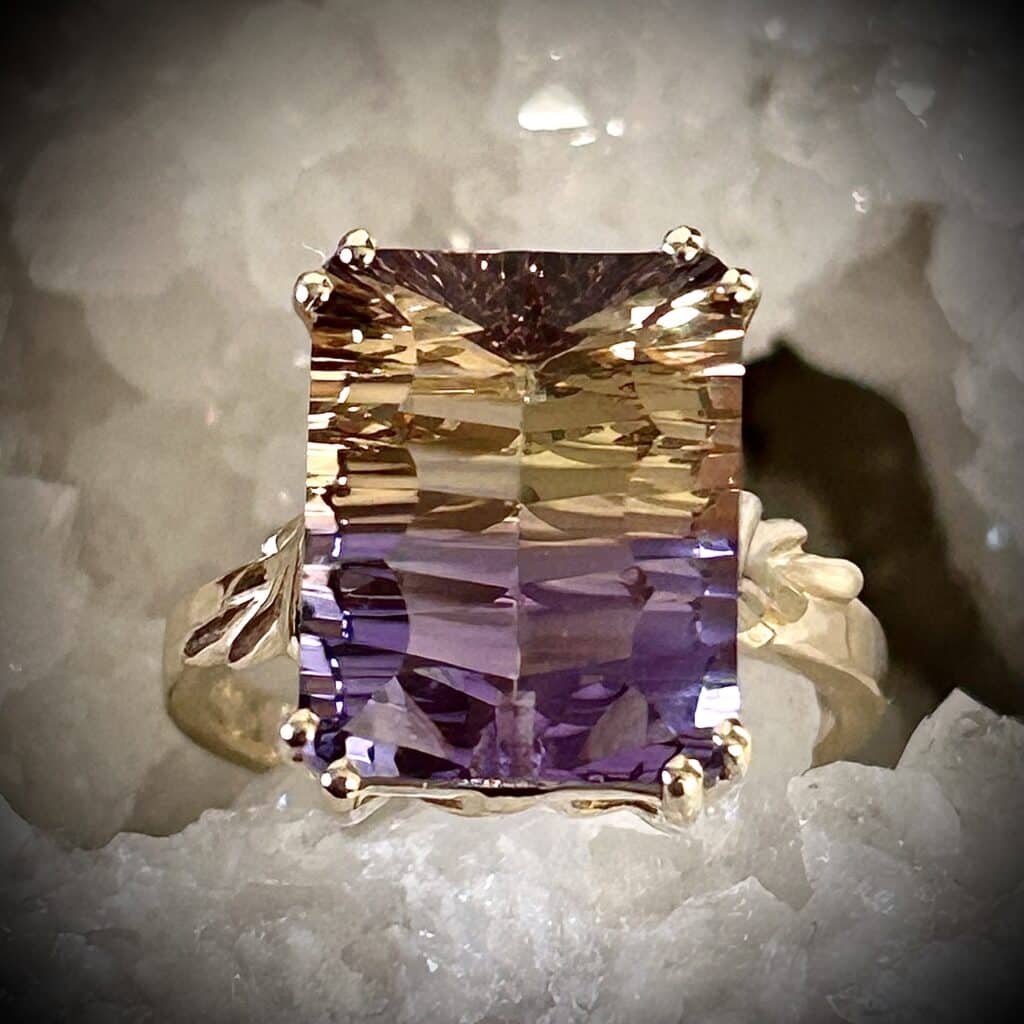 6.9Ct Purple And Gold Ametrine Ring With Unique Cross-Cut Faceting