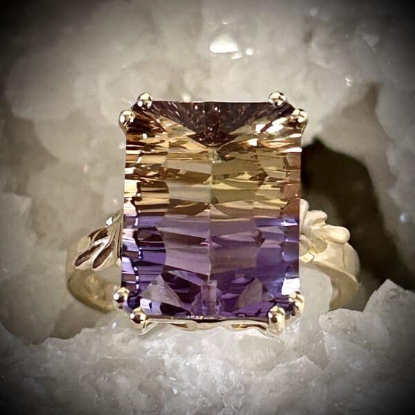 6.9Ct Purple And Gold Ametrine Ring With Unique Cross-Cut Faceting