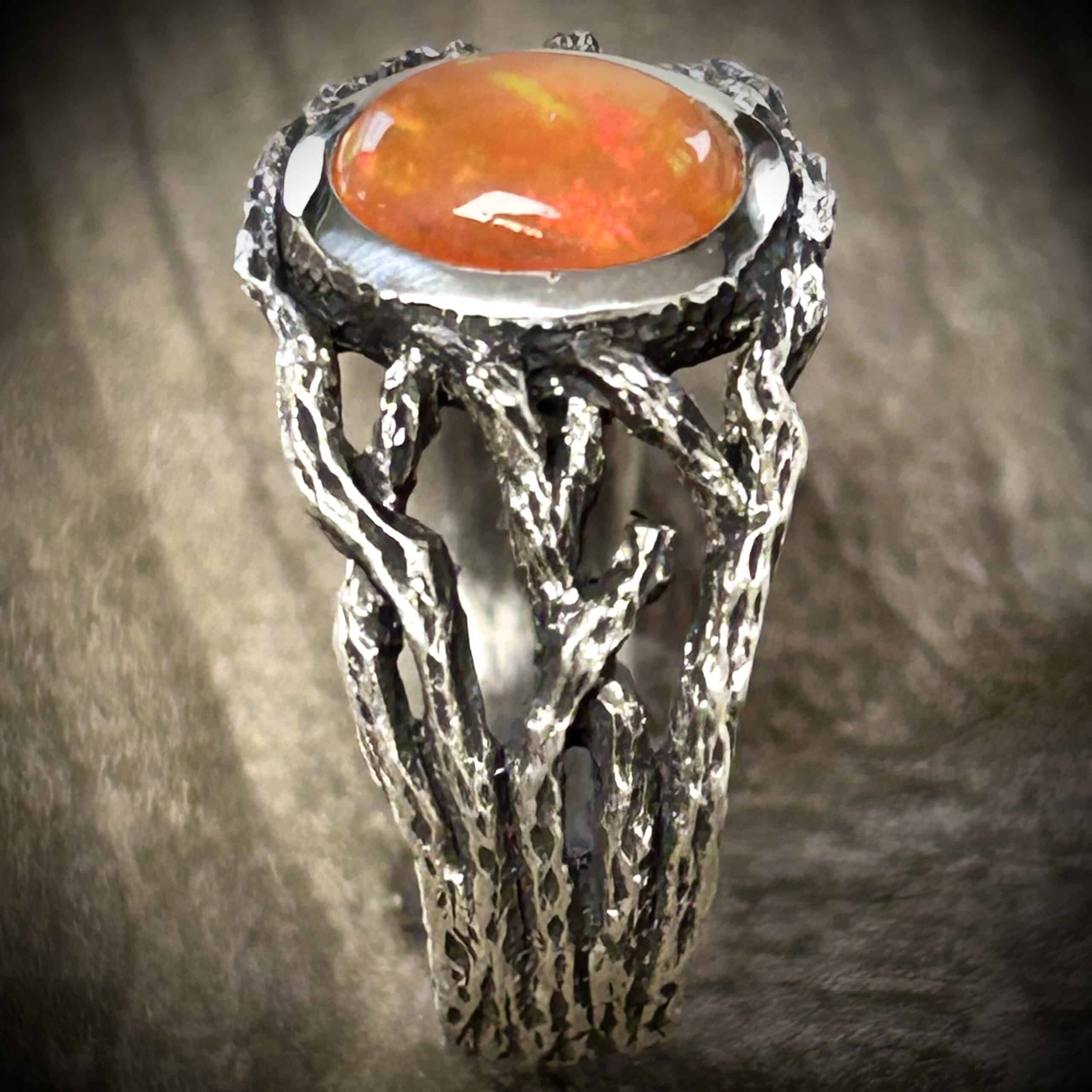 Sterling Silver &Amp;Quot;Branch&Amp;Quot; Ring With A Bezel Set Fire Opal