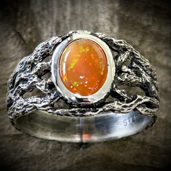 Sterling Silver &Quot;Branch&Quot; Ring With A Bezel Set Fire Opal