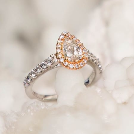 Photography By Hally Light Pink Champagne Pear Shaped Diamond Ring By Rivers Edge Gems