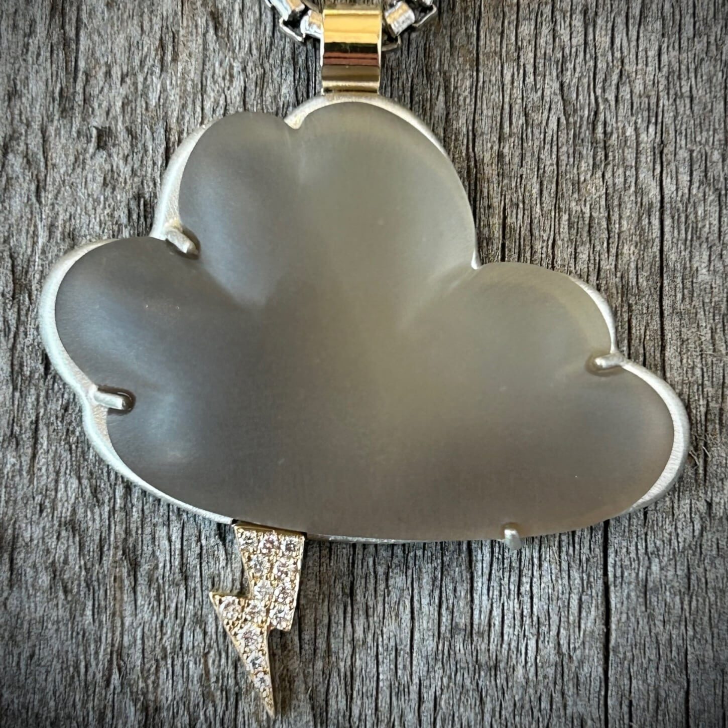 Smokey Quartz Cloud Set In Sterling Silver. 14K Yellow Gold Bail And Lighting Bolt.