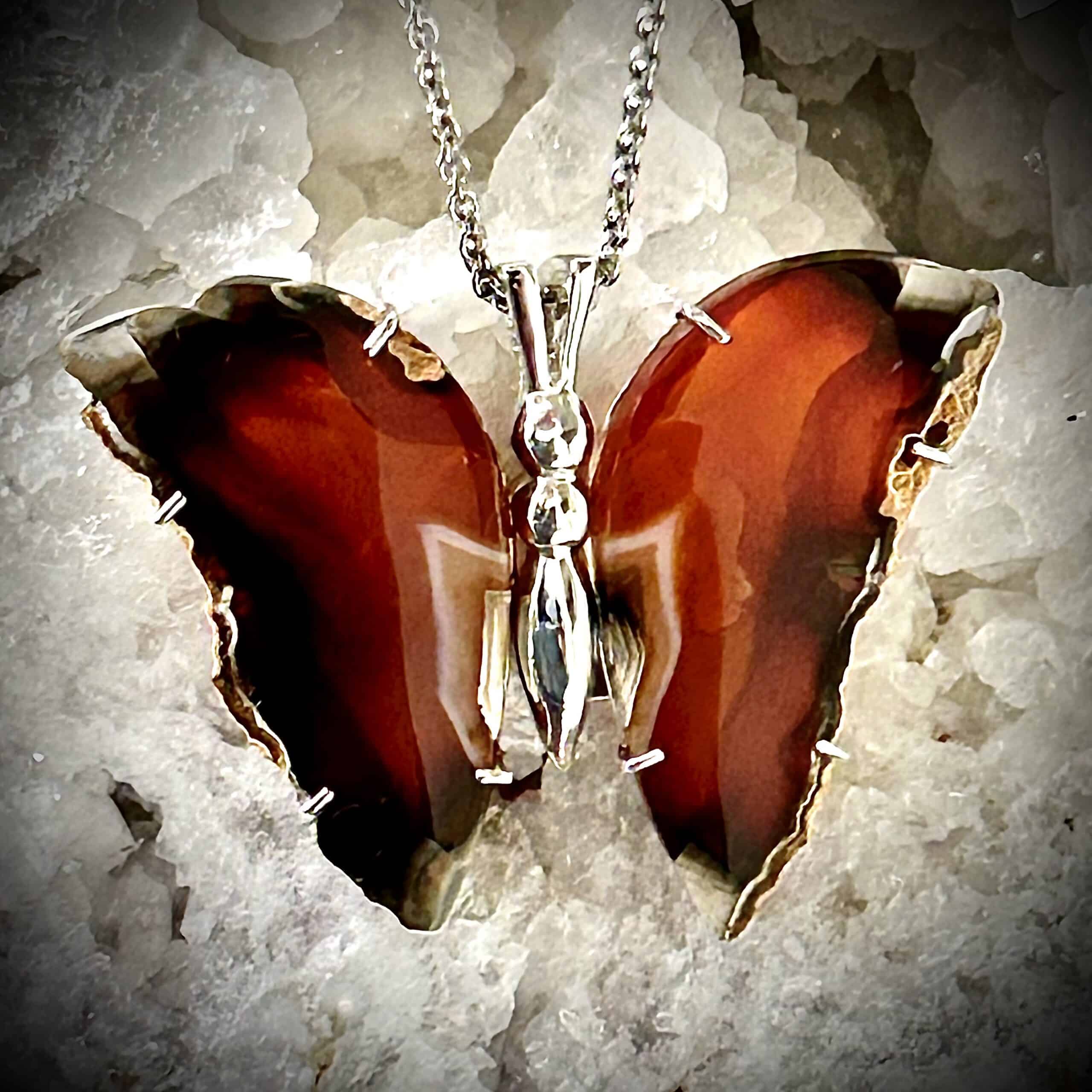 Stunning Agate Butterfly Necklace Close Up Of The Natural Stone Pattern