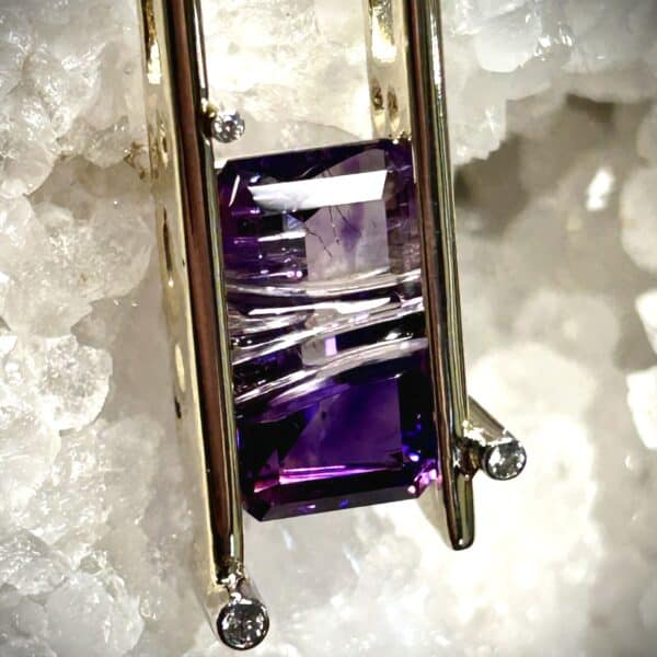 Custom Cut Bi-Color Amethyst And Diamond Pendant In 14 Karat Yellow And White Gold By River'S Edge Gems