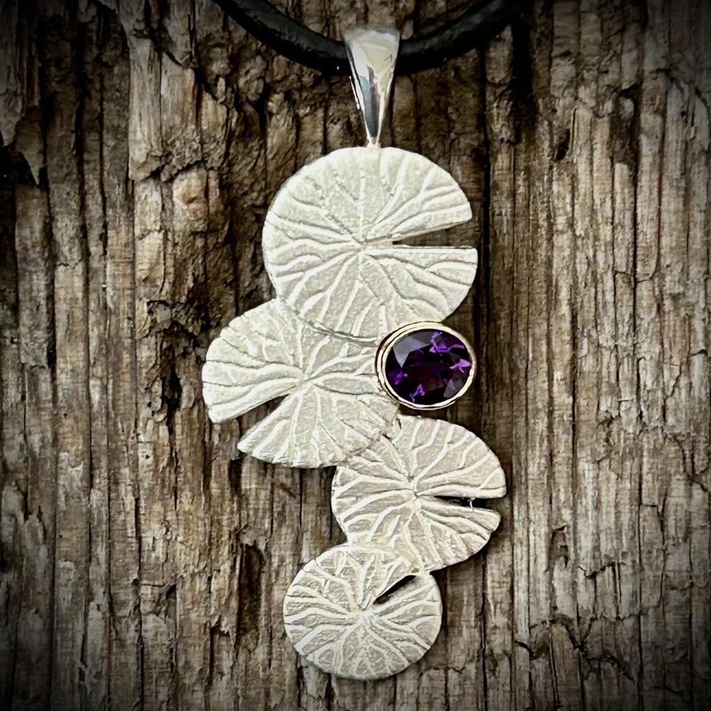 Amethyst Silver Lily Pads Pendant With Four Layered Pads. Nature Inspired Jewelry From River'S Edge Gems And The Backwaters Of The Mississippi.