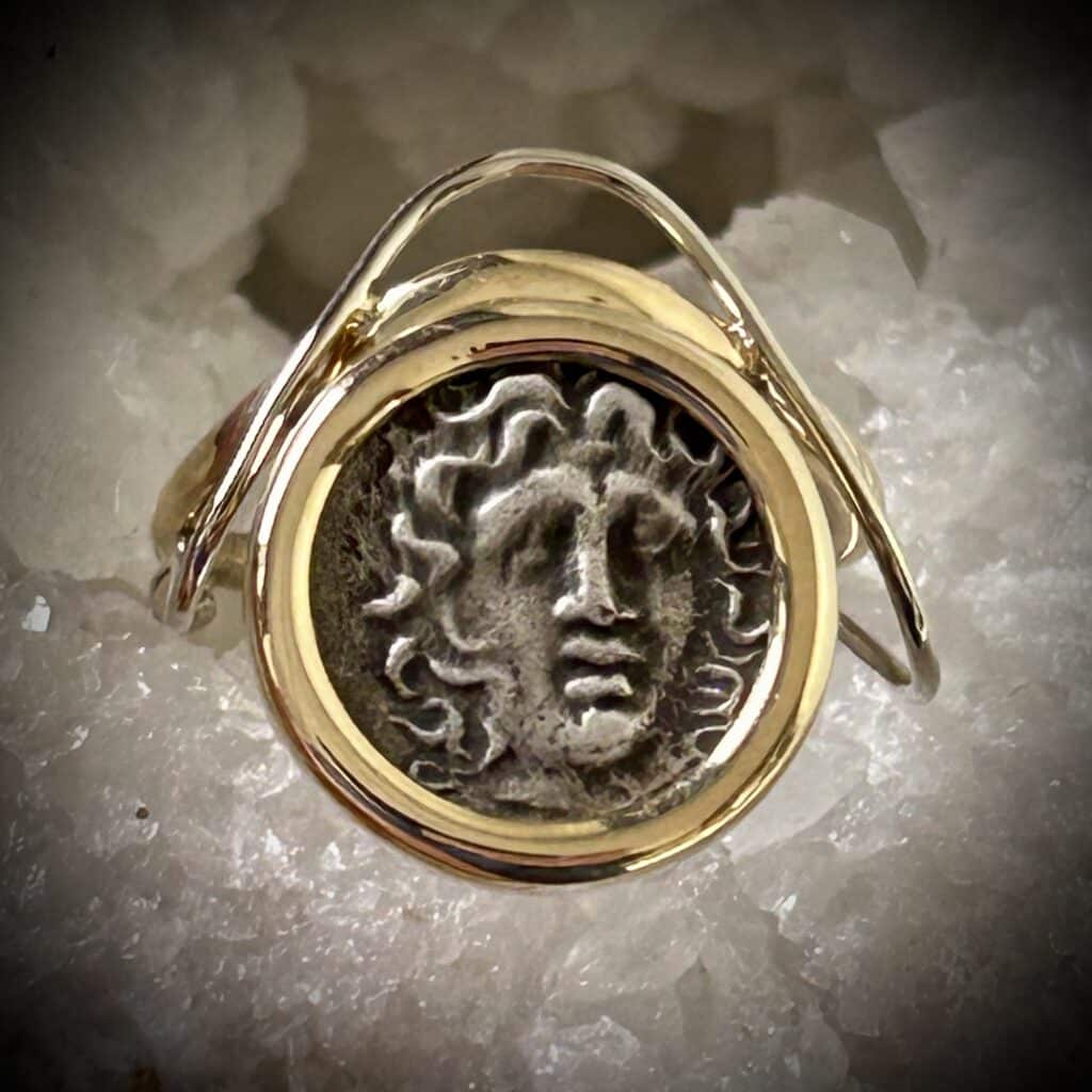 Helios Sun God Ancient Greek Coin Replica Ring In Sterling Silver And Two-Tone Gold