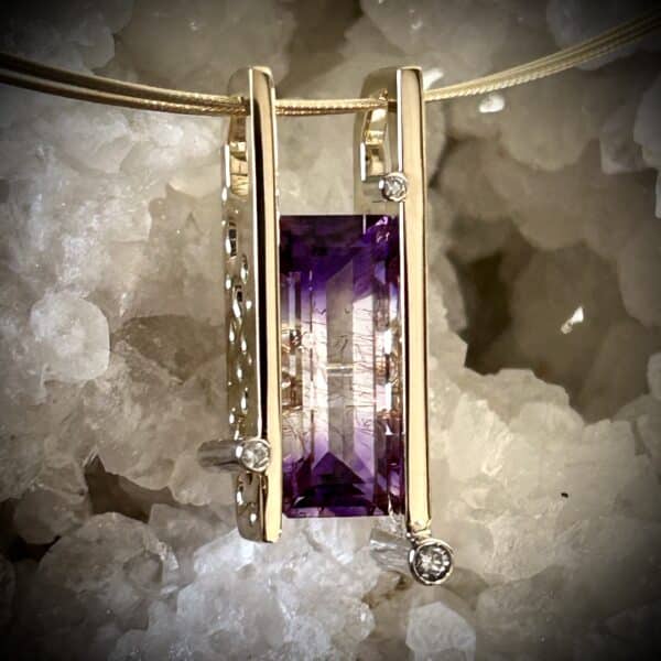 Bi-Color Amethyst Diamond Pendant In Two-Tone 14K Gold, Elongated Step-Cut Gemstone.