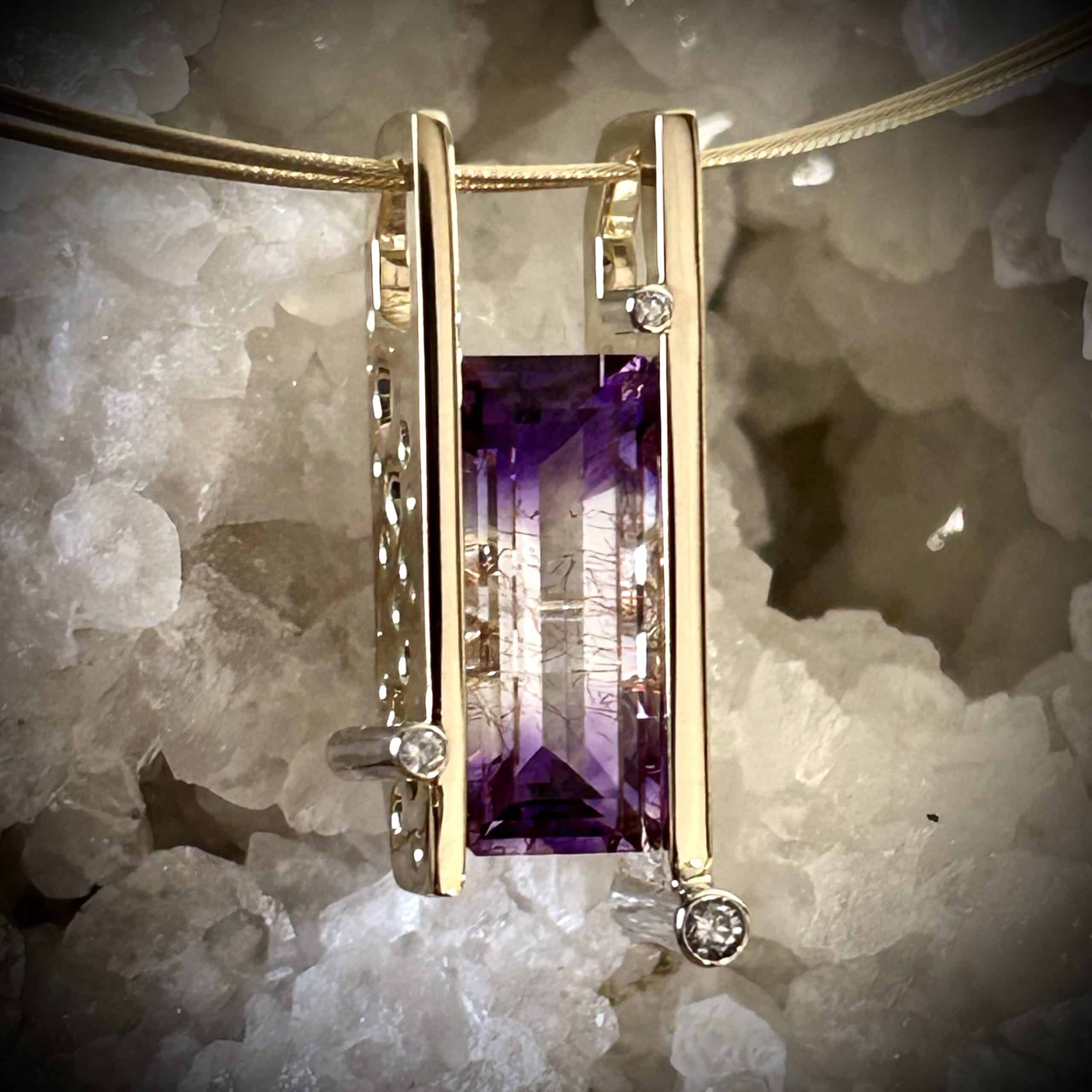 Bi-Color Amethyst Diamond Pendant In Two-Tone 14K Gold, Elongated Step-Cut Gemstone.