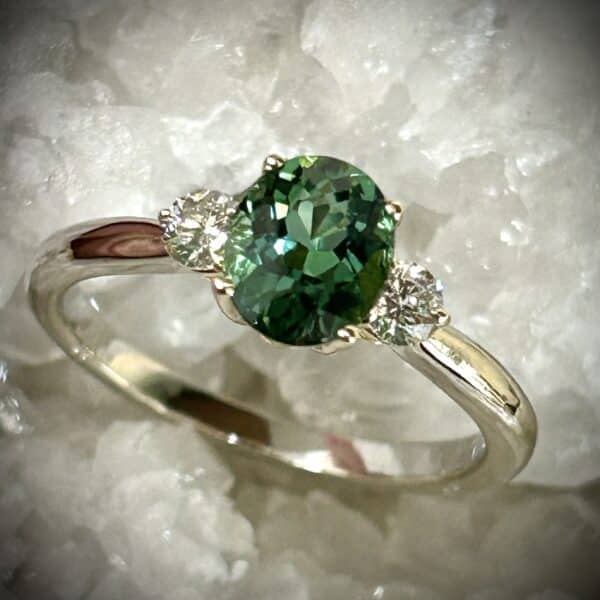 Blue Green Tourmaline Diamond Ring In 14K Two Tone Gold.