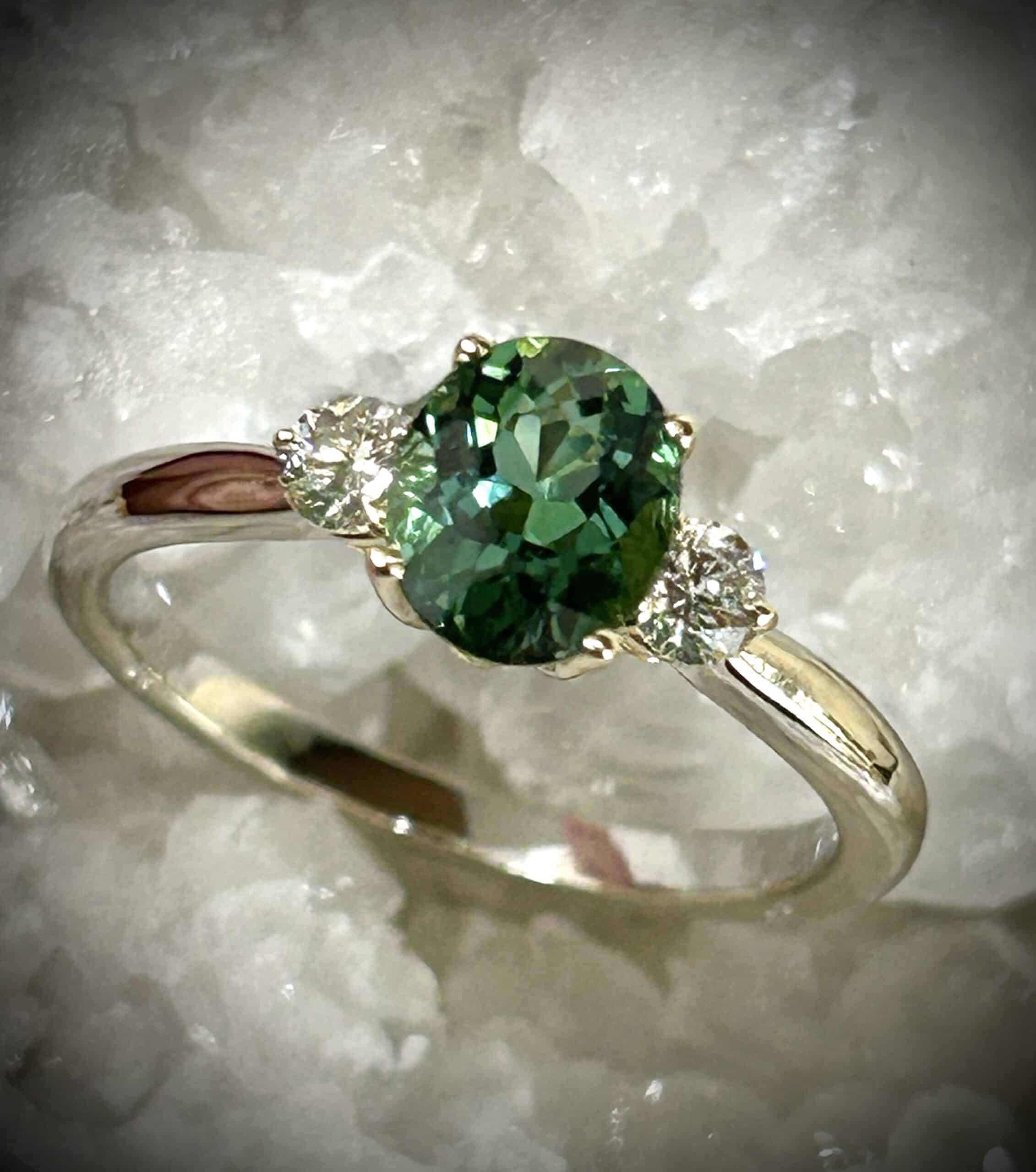 Blue Green Tourmaline Diamond Ring In 14K Two Tone Gold.