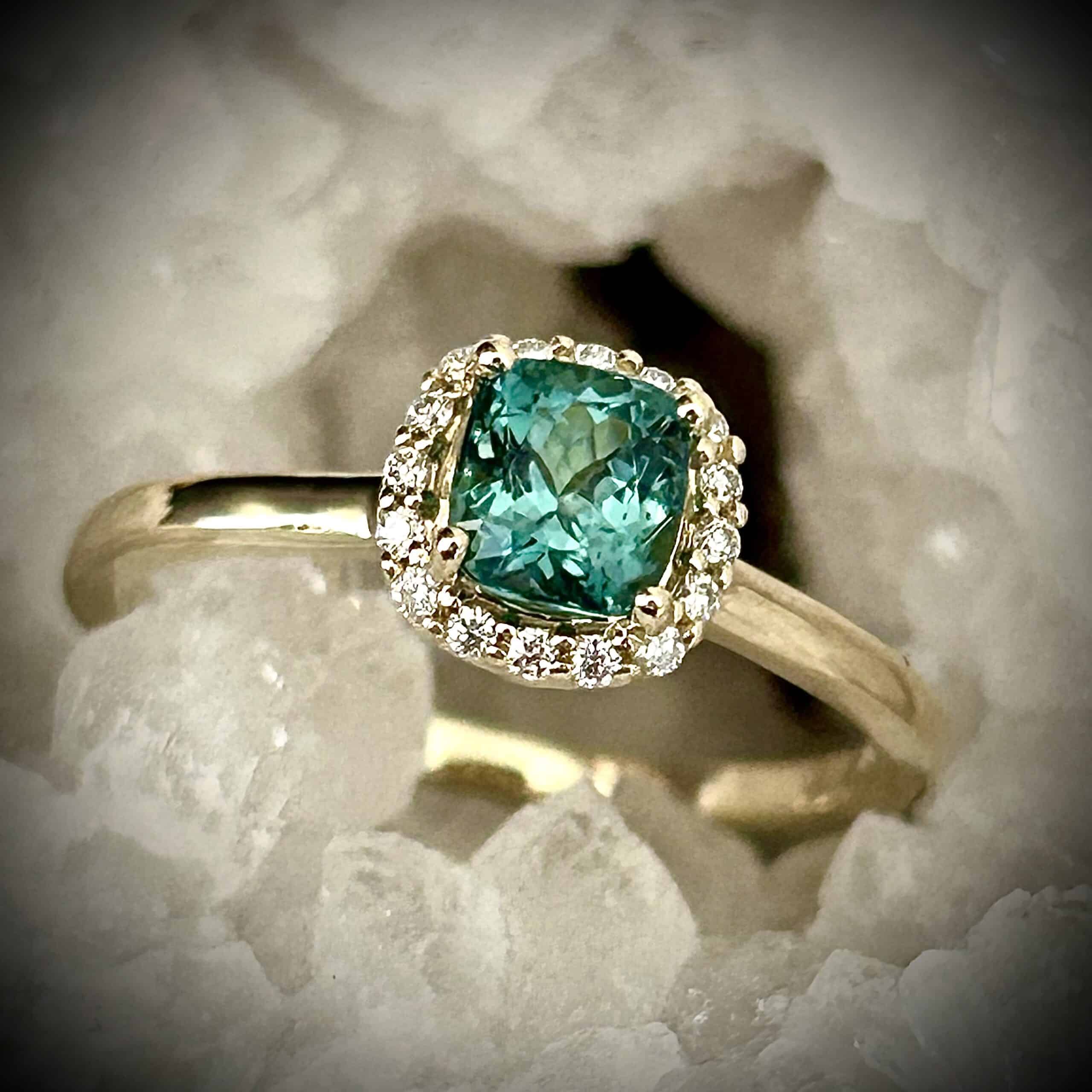 Cushion Cut Blue Green Tourmaline Diamond Ring In 14K Yellow Gold