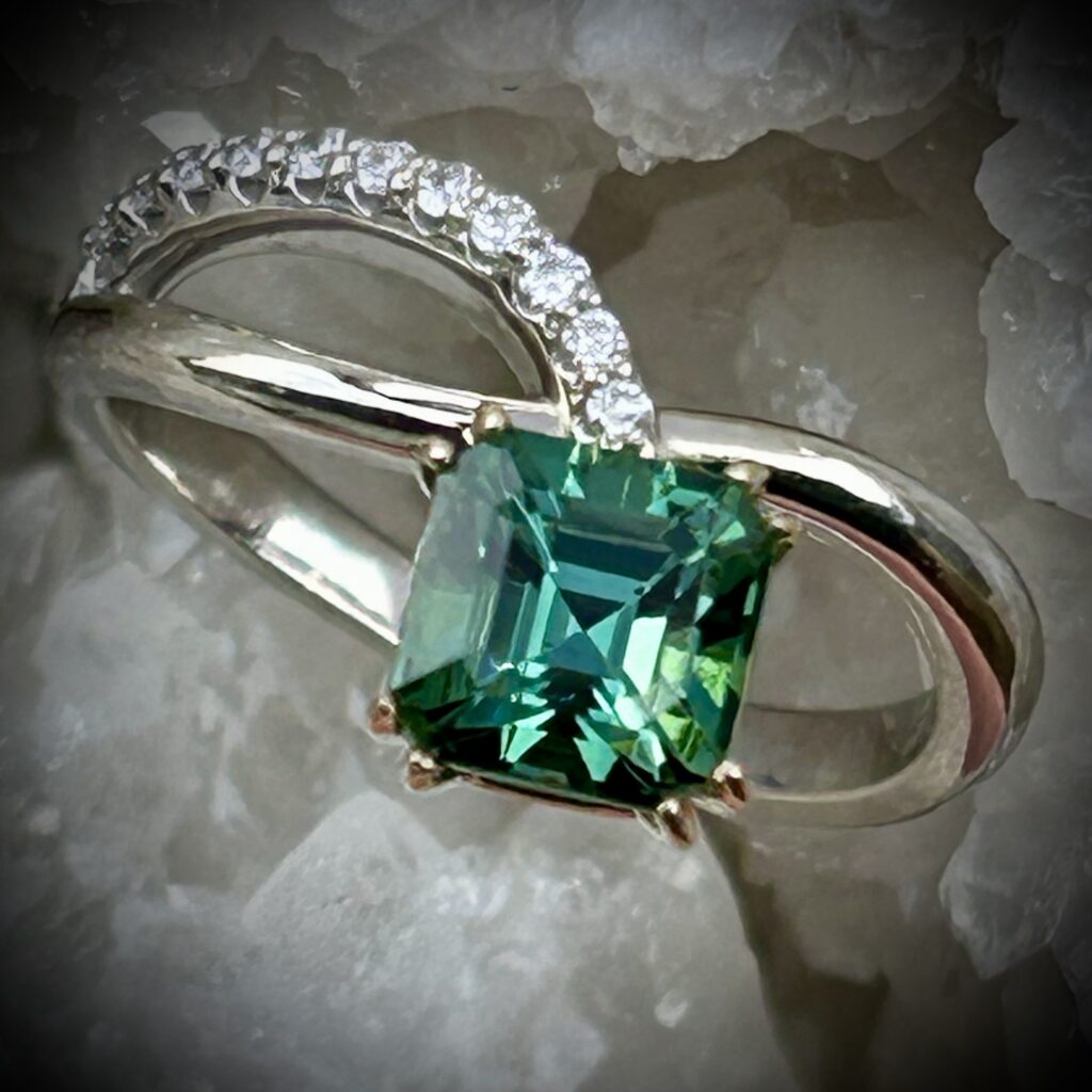 Step-Cut Afghan Blue-Green Tourmaline Ring With Diamonds In Two-Tone 14K Gold