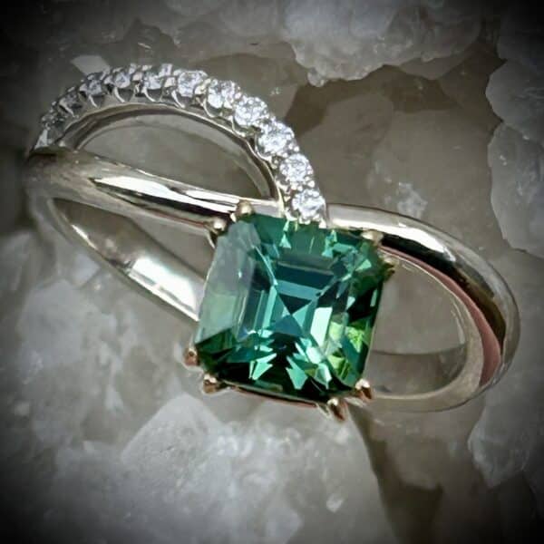 Step-Cut Afghan Blue-Green Tourmaline Ring With Diamonds In Two-Tone 14K Gold
