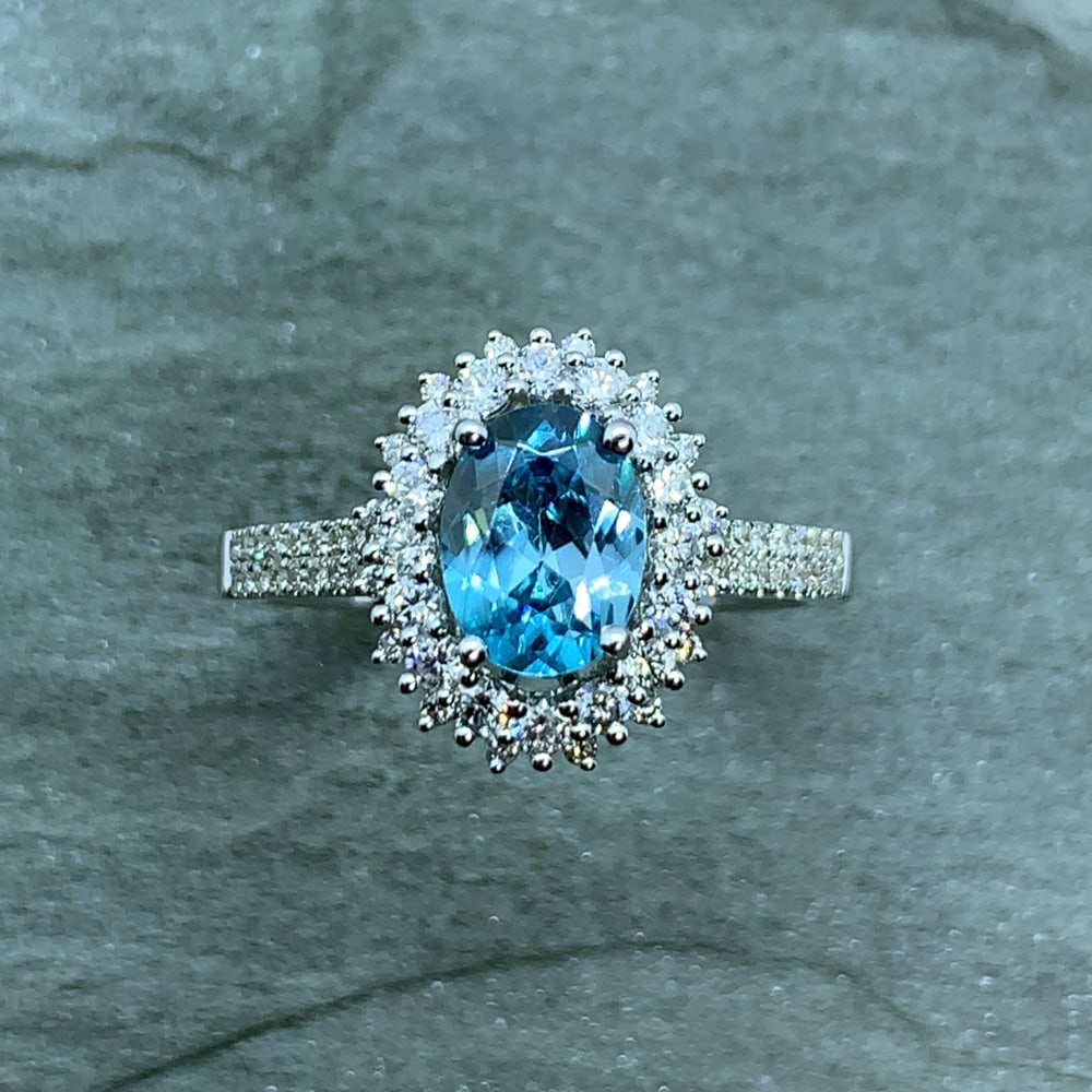 Blue Zircon Diamond Ring 14K White Gold