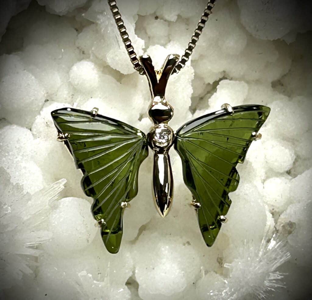 Carved Green Tourmaline &Amp; Diamond Butterfly Pendant