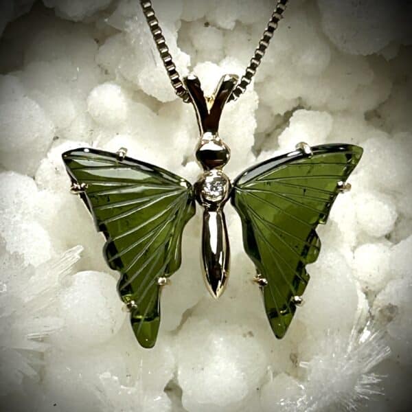 Carved Green Tourmaline &Amp; Diamond Butterfly Pendant