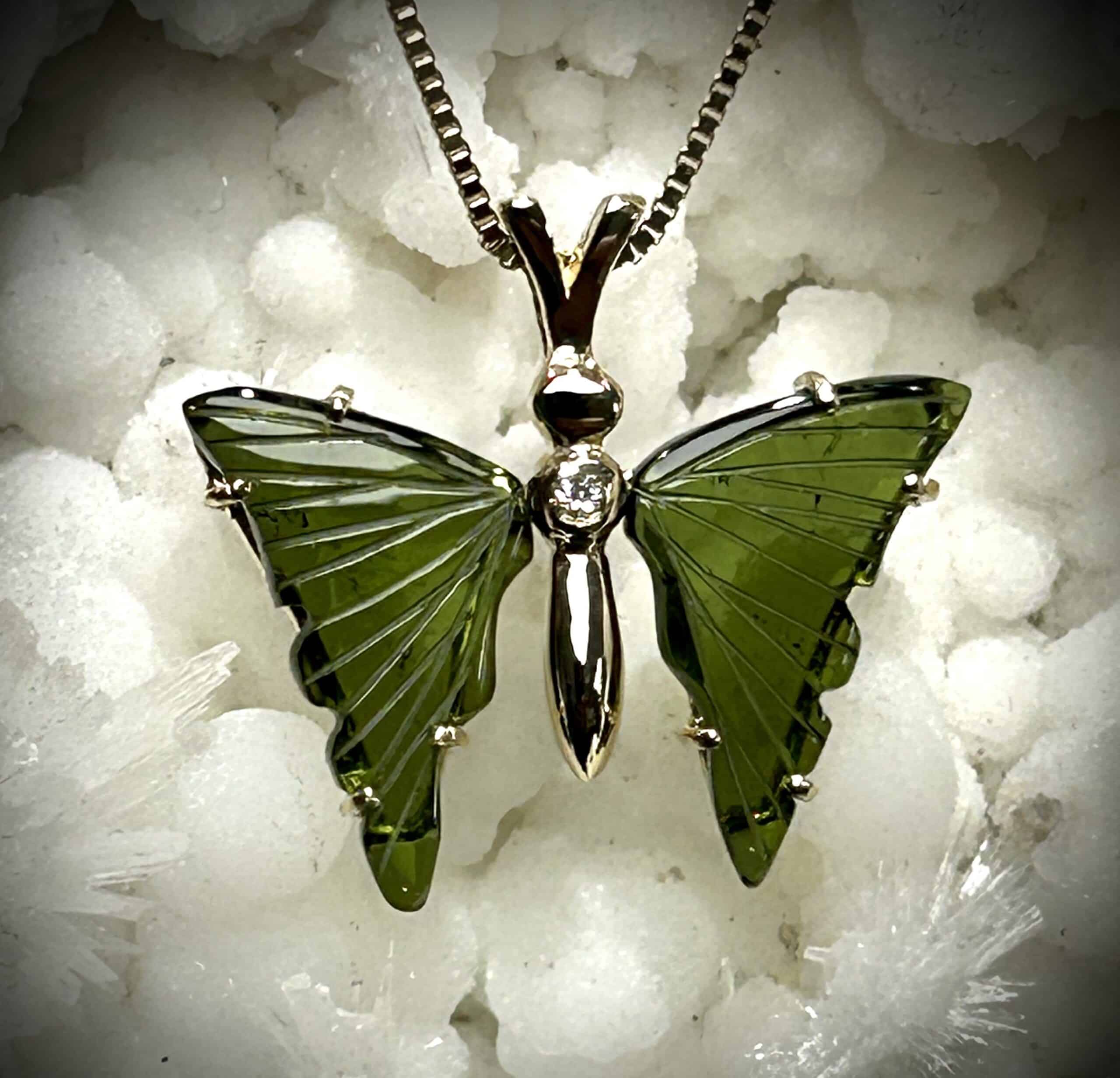 Carved Green Tourmaline &Amp;Amp; Diamond Butterfly Pendant