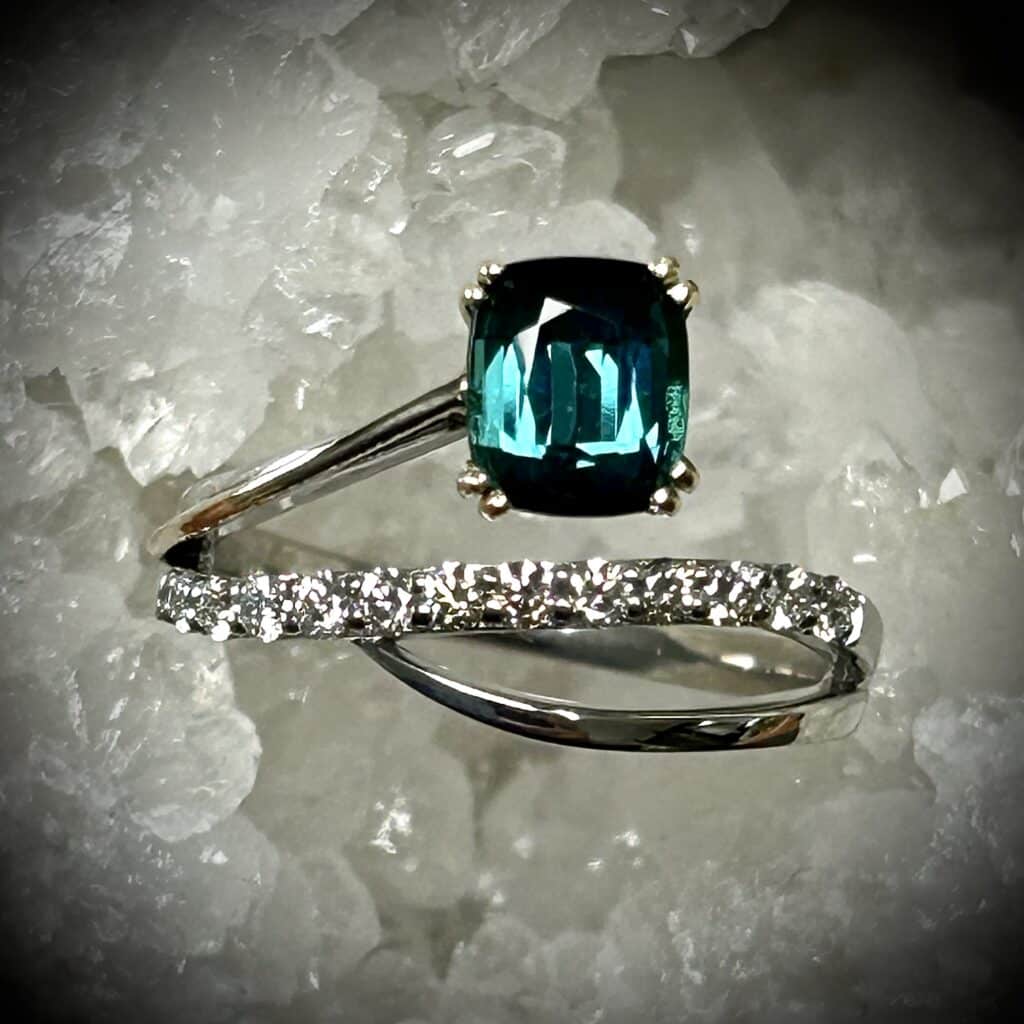 14K White And Yellow Gold Blue Green Tourmaline Gemstone Ring