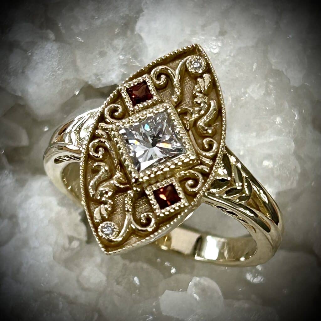 Custom Garnet Diamond Ring In Yellow Gold