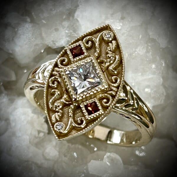 Custom Garnet Diamond Ring In Yellow Gold
