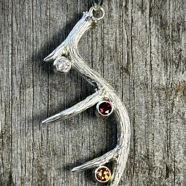Hand Fabricated Sterling Silver Deer Antler Pendant With Citrine, Diamond &Amp; Garnet Gemstones