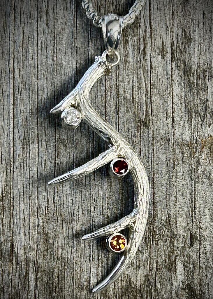 Hand Fabricated Sterling Silver Deer Antler Pendant With Citrine, Diamond &Amp; Garnet Gemstones