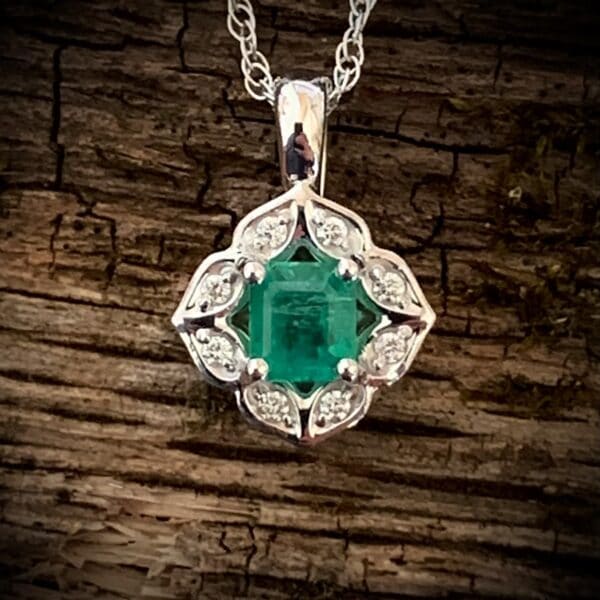 Emerald &Amp; Diamond Pendant14K White Gold