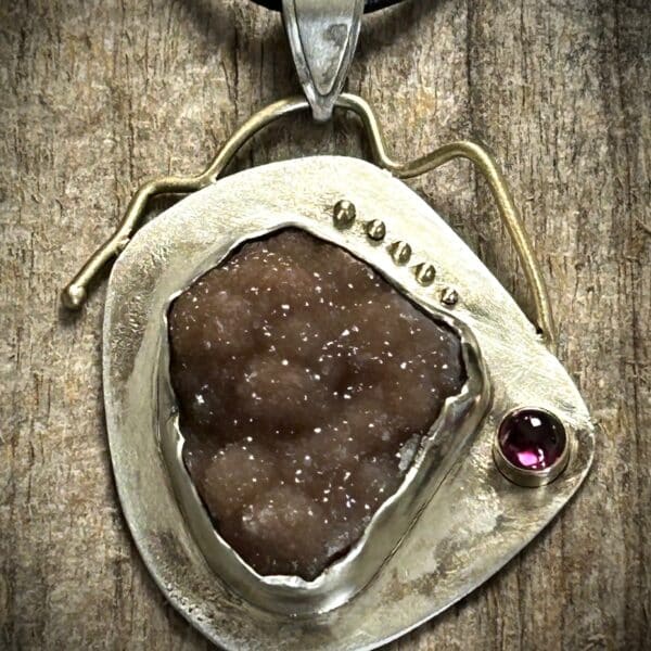 Druzy Quartz &Amp; Rhodolite Garnet Pendant Set In Yellow Gold &Amp; Silver By River'S Edge Gems