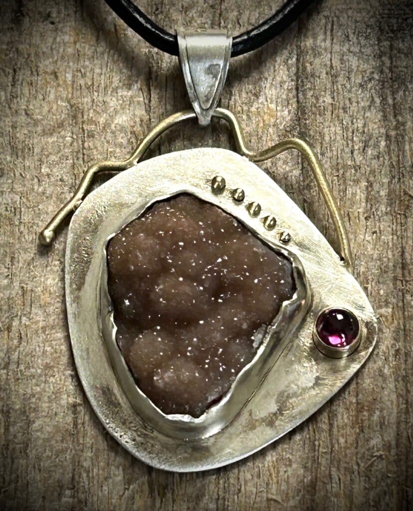 Druzy Quartz &Amp; Rhodolite Garnet Pendant Set In Yellow Gold &Amp; Silver By River'S Edge Gems