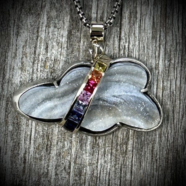 Druzy Quartz And Sapphire Pendant, Cloud &Amp; Rainbow Pendant By River'S Edge Gems
