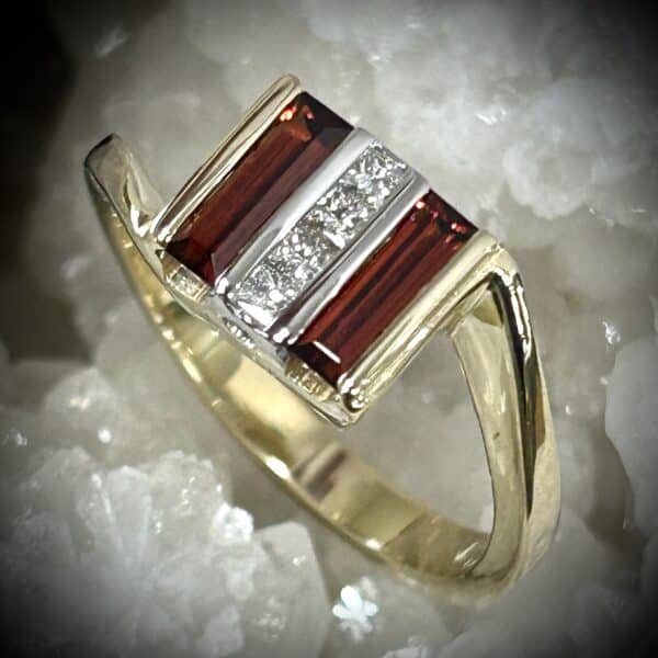 Custom Latvian Flag Ring With Custom Cut Garnets And Princess Cut Diamonds Set In 14K Yellow Gold.