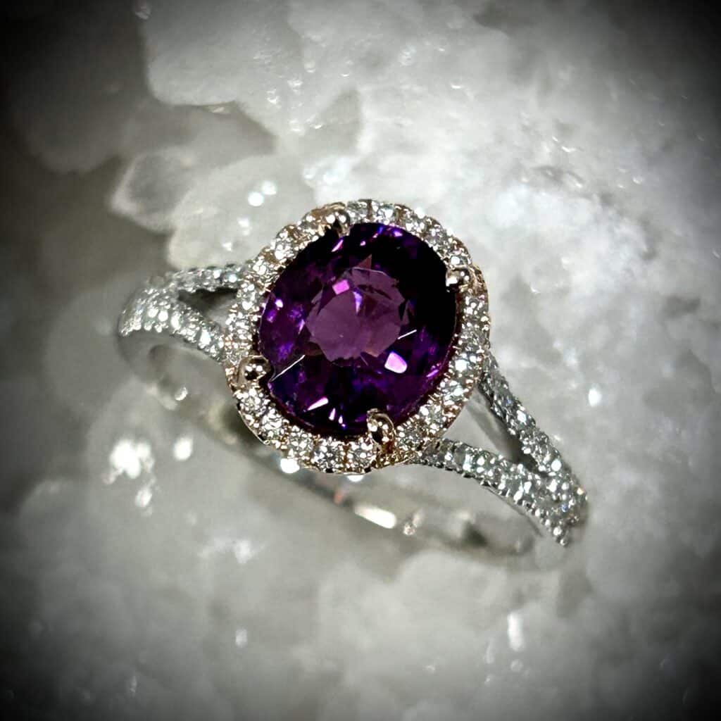 Rare Grape Garnet Halo Ring – Purple Garnet &Amp; Accent Diamonds