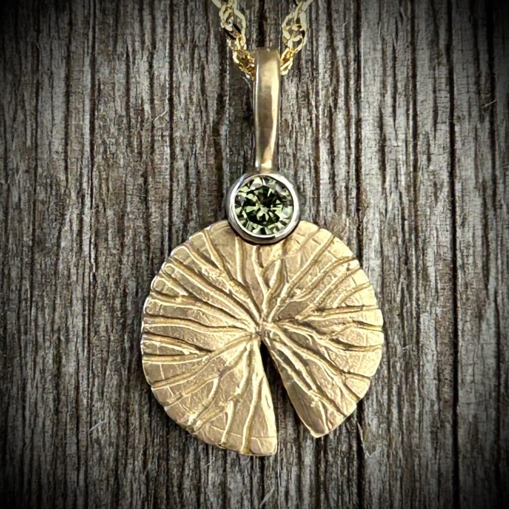 Green Diamond Lily Pad Pendant Set In 14K Two Tone Gold
