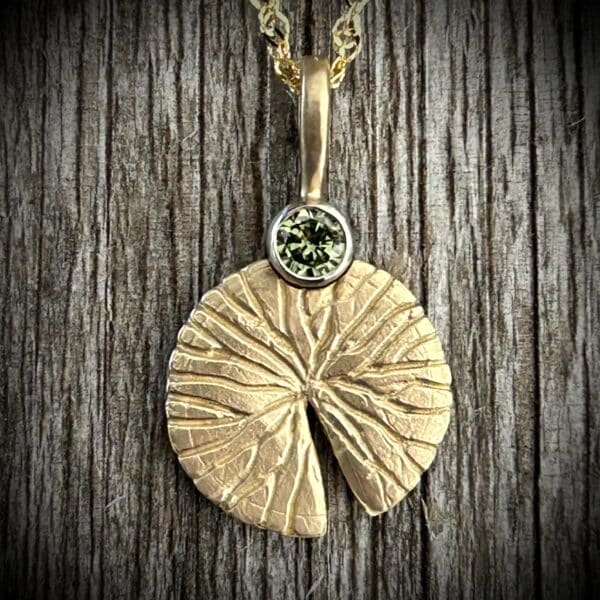 Green Diamond Lily Pad Pendant Set In 14K Two Tone Gold