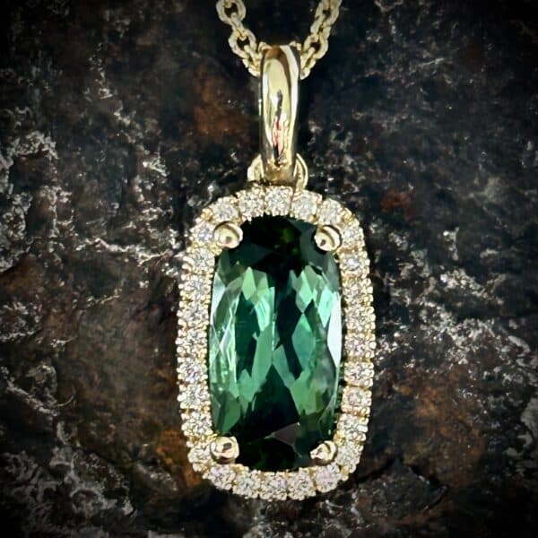 Stunning Elongated Green Tourmaline Diamond Pendant In 14K Gold