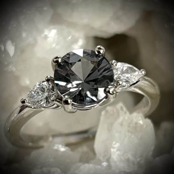 Grey Spinel Diamond Ring With Pear Shape Lab Grown Diamond Accents In White Gold.