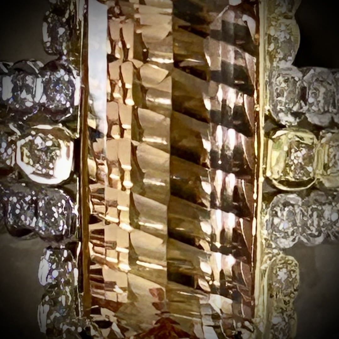 Close-Up Of Imperial Topaz Diamond Ring Showing Elongated Fantasy-Cut Topaz