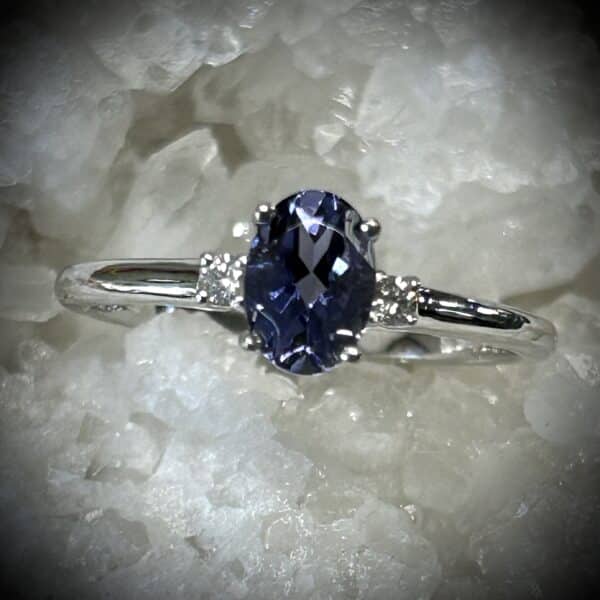 Oval Blue-Violet Iolite Diamond Ring In 10K White Gold