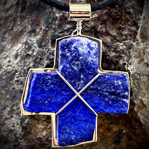 Large Lapis Pendant 14K Gold Cross Design Germany Cut