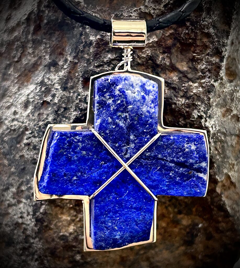 Large Lapis Pendant 14K Gold Cross Design Germany Cut
