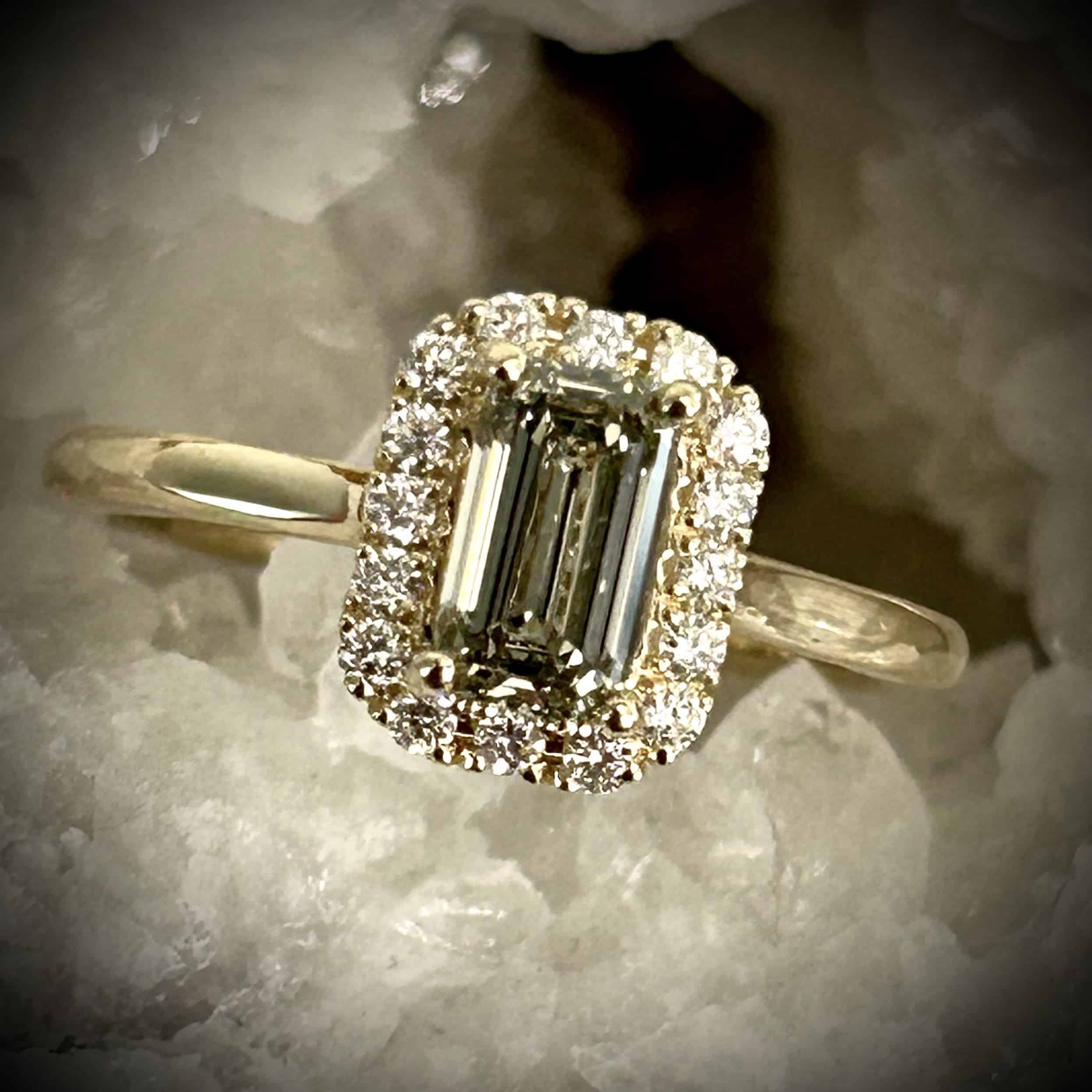 Grey Green Diamond Ring Worn On Hand In Natural Sunlight Showing Color Variation