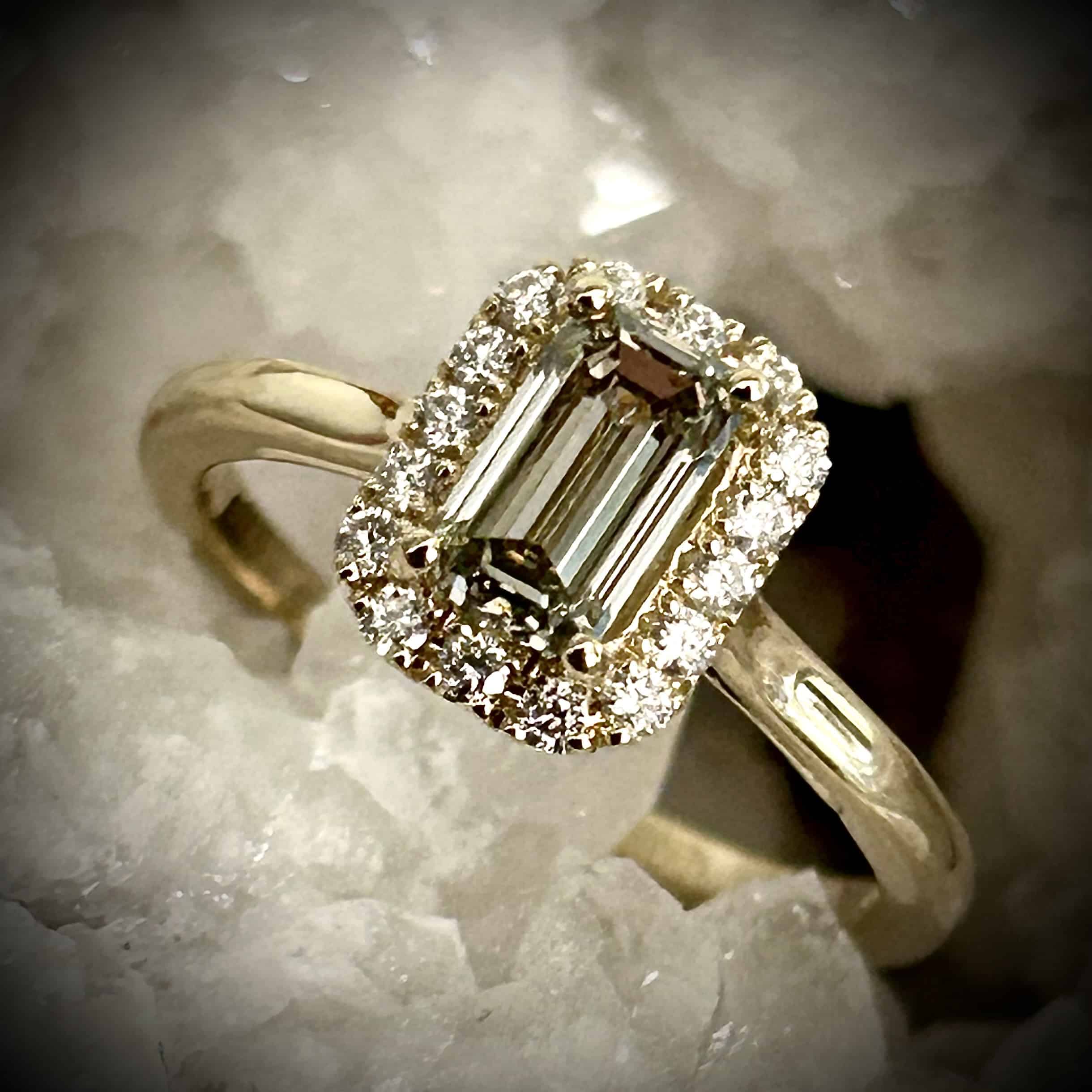 Grey Green Diamond Ring Emerald Cut With Diamond Accents