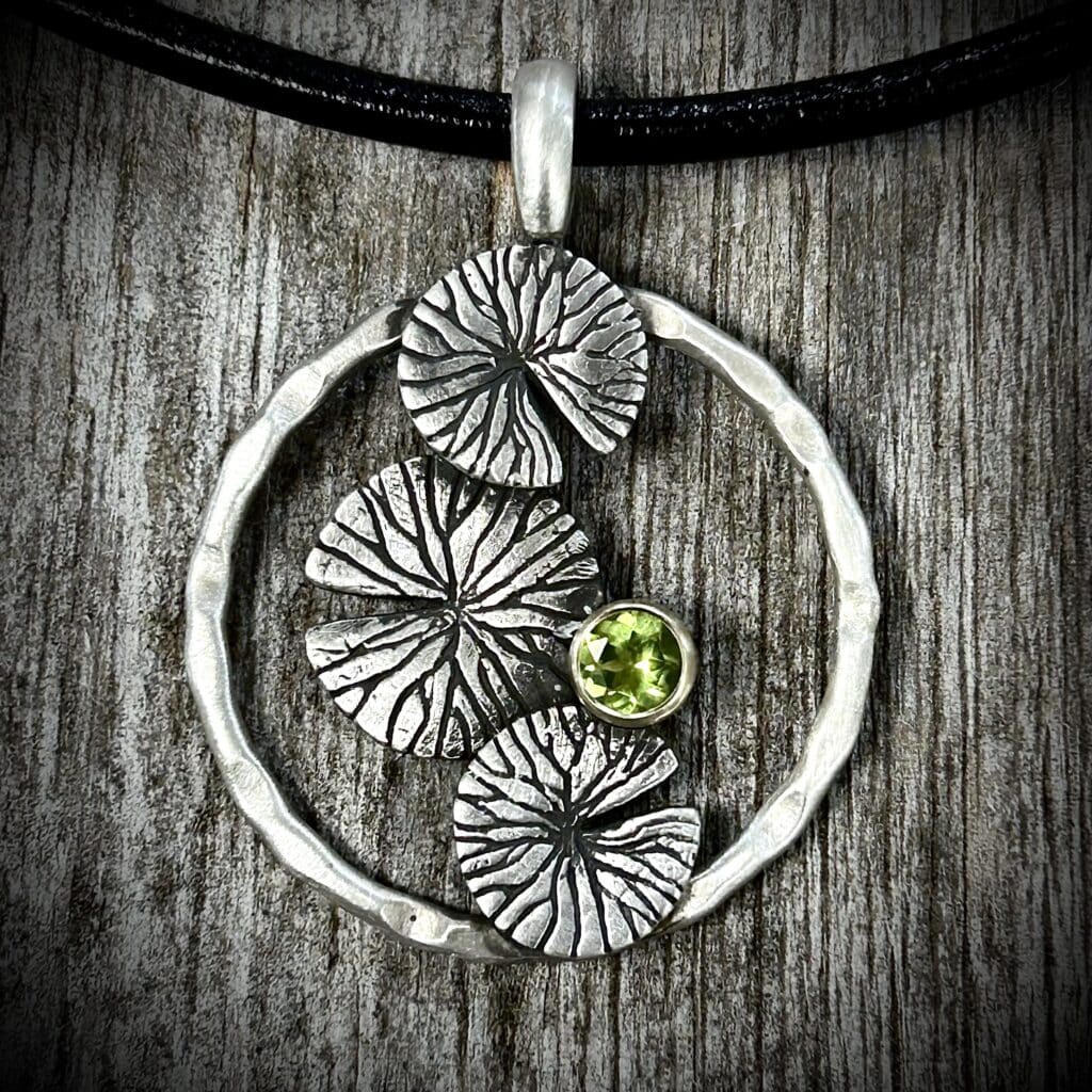 Lily Pad Pendant Inspired By Water Lilies With Green Peridot Center.