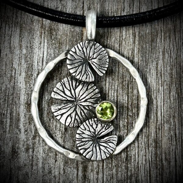 Lily Pad Pendant Inspired By Water Lilies With Green Peridot Center.