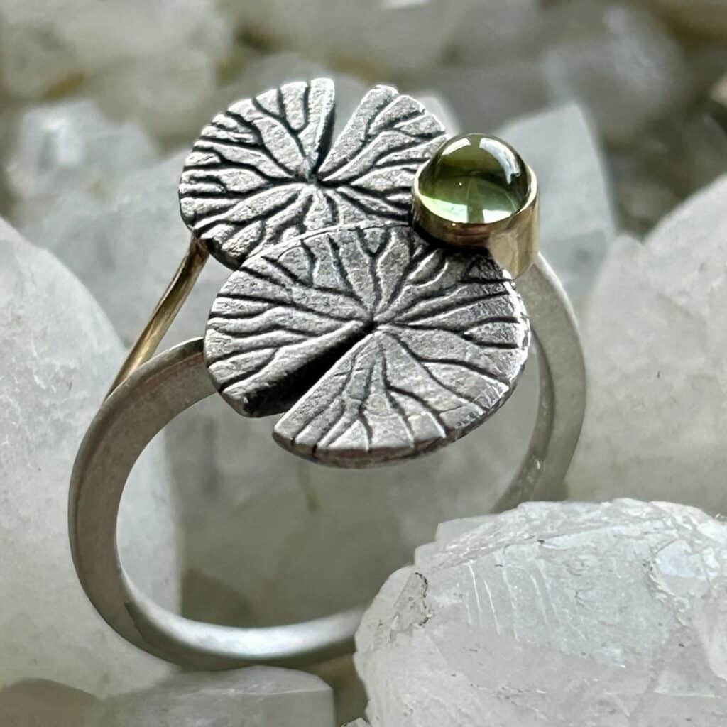 Lily Pad Peridot Ring Set In Sterling Silver And 14K Yellow Gold By River'S Edge Gems