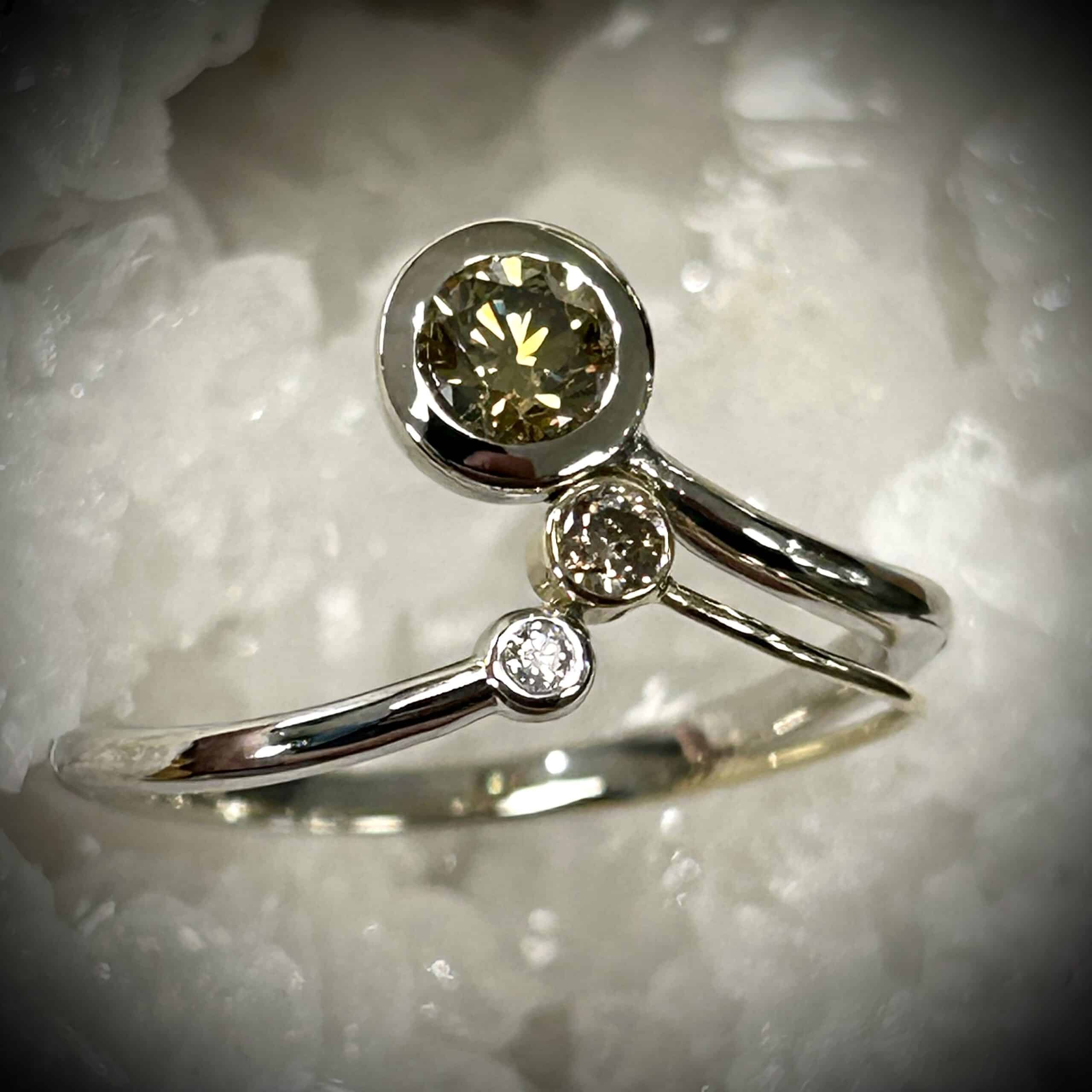 Rare Fancy Yellow Green Diamond Framed By A Warm Champagne, &Amp;Amp; A Bright White Diamond Set In 14K Two-Tone Gold.