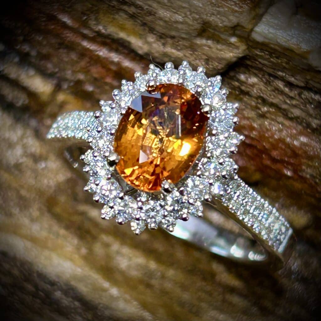 Handcrafted Orange Sapphire Diamond Ring