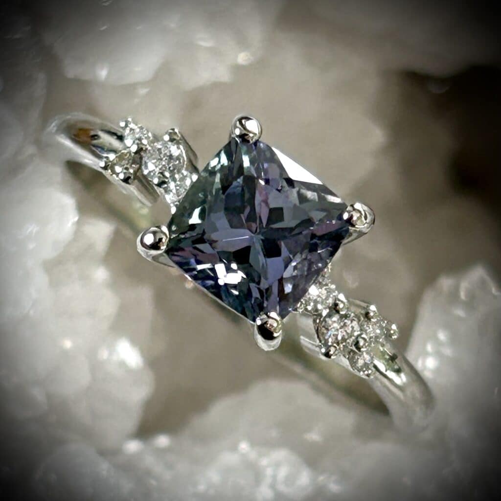 Square Cushion Cut Peacock Tanzanite Diamond Ring In 14K White Gold