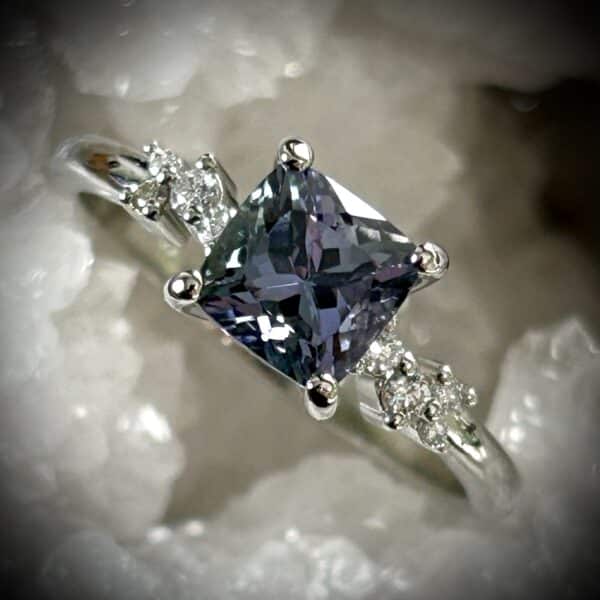 Square Cushion Cut Peacock Tanzanite Diamond Ring In 14K White Gold