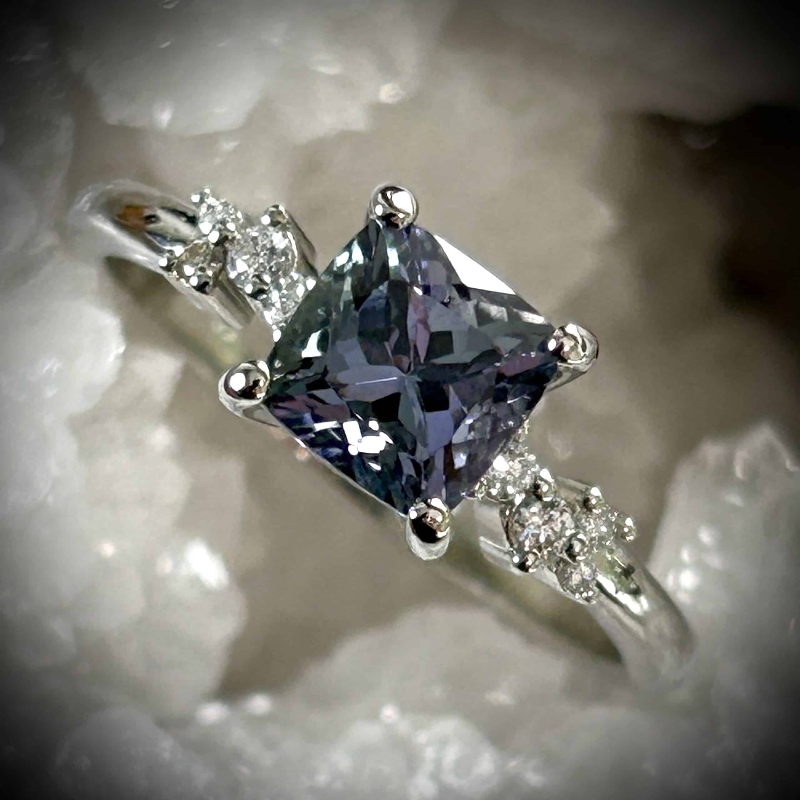 Square Cushion Cut Peacock Tanzanite Diamond Ring In 14K White Gold